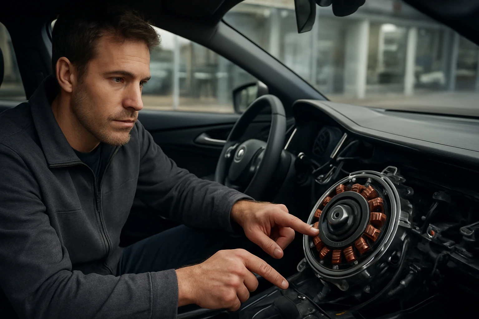 Muž skúma motor vozidla, sústredene sa pozerá na jeho súčiastky.