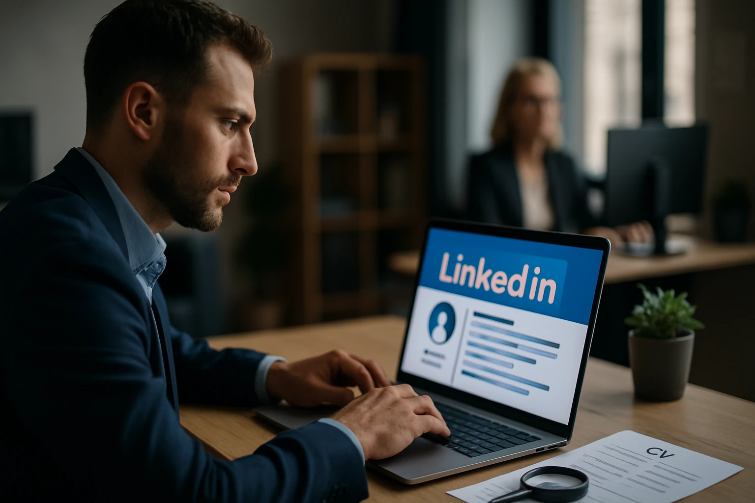 Muž v obleku pracuje na laptopu, zobrazený LinkedIn profil.