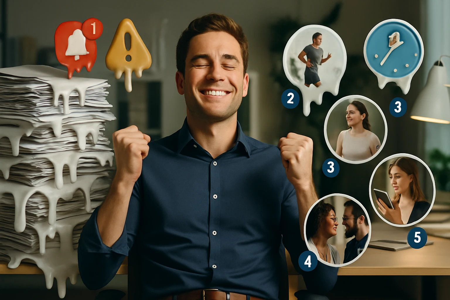 Muž s úsmevom oslavuje úspech, zatiaľ čo okolo neho sú symboly upozornení a fotografie aktivít.