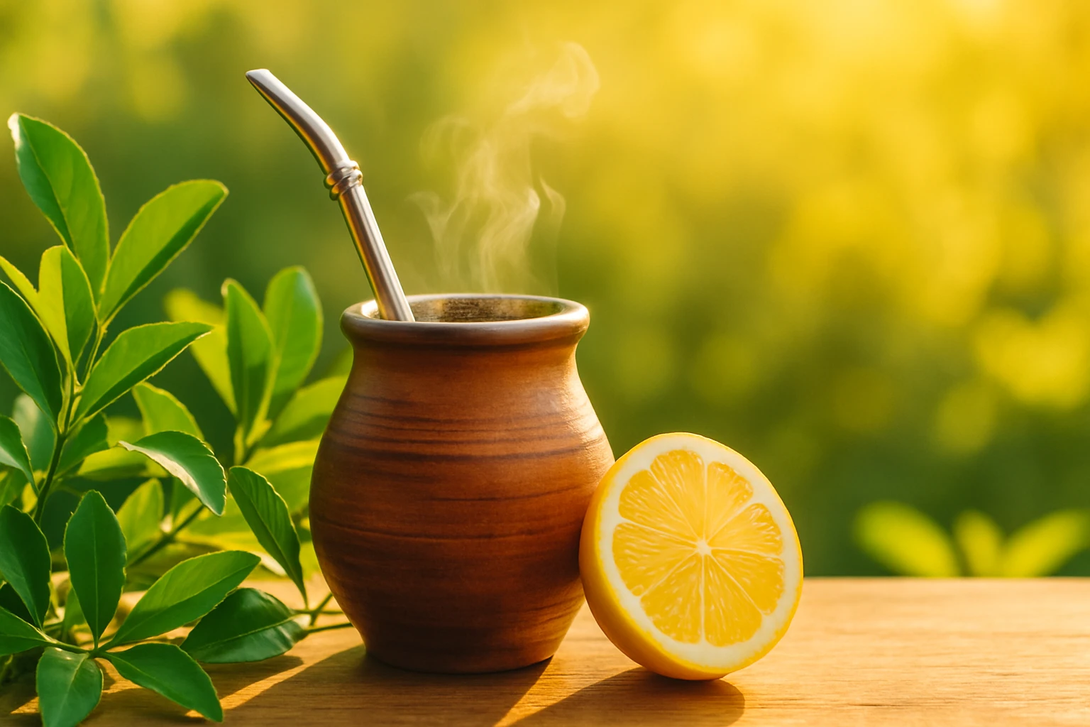 Horký maté v dřevěném hrnku s citronem a zelenými listy na pozadí.