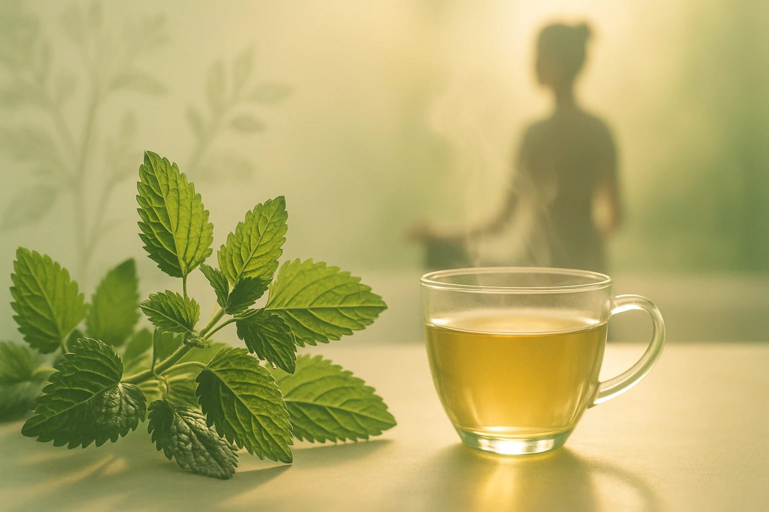 Šálka teplého bylinkového čaju s čerstvými mätovými listami na stole.