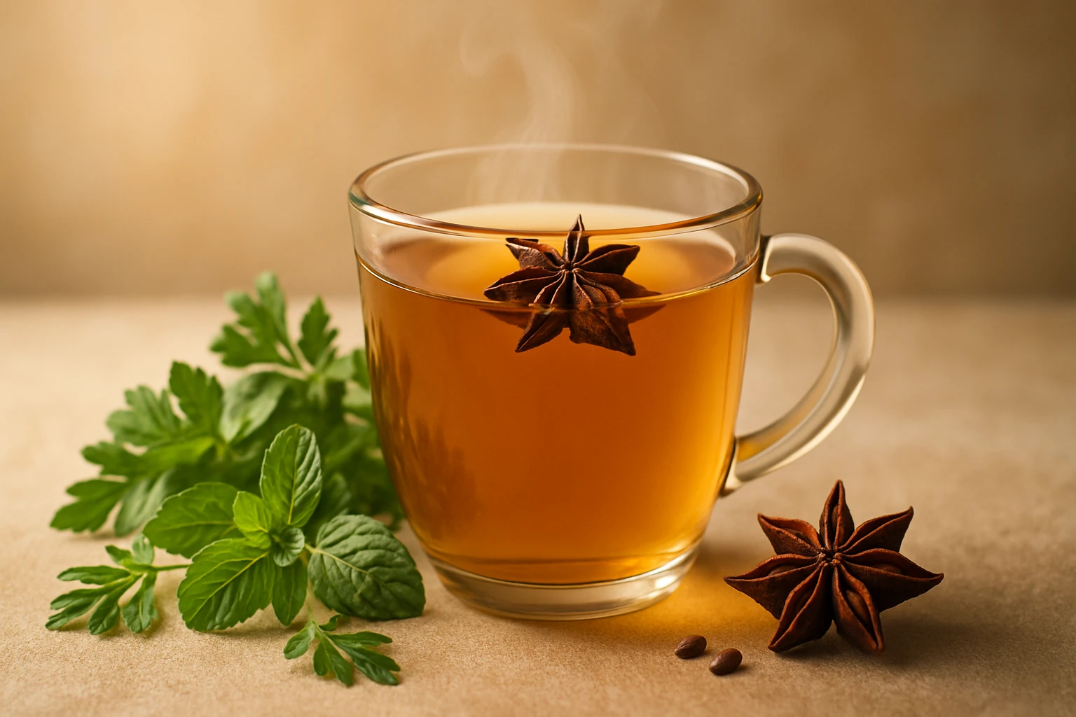 Hrnček s horúcim čajom ozdobený hviezdicovým anízom a mätou.