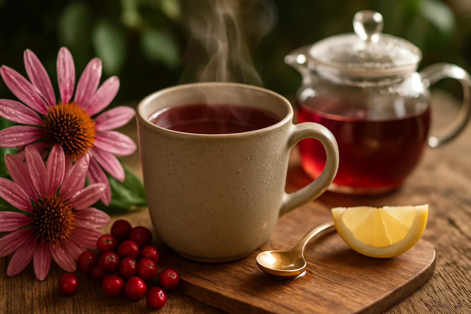 Hrnček horúceho čaju s dymom, vedľa sú kvety a plody.