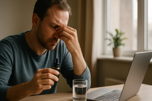 Muž s bolestivým výrazom skúma Argentum nitricum pri počítači.