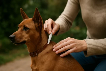 A dog receiving Advantix application for flea and tick protection.