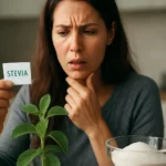 Žena premýšľa o stévii a jej kvalite v kuchyni.