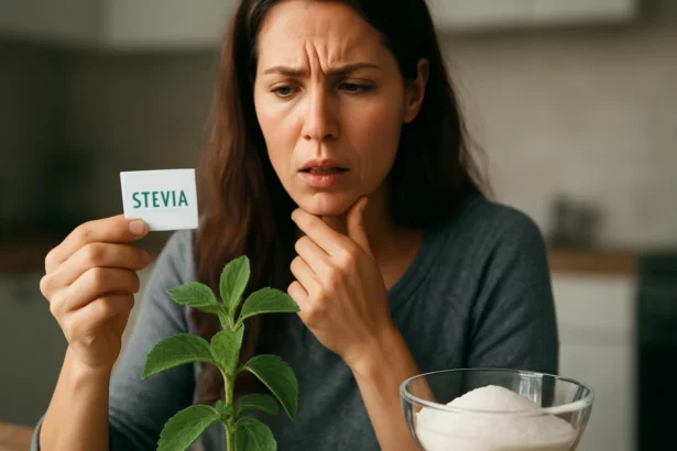 Žena premýšľa o stévii a jej kvalite v kuchyni.