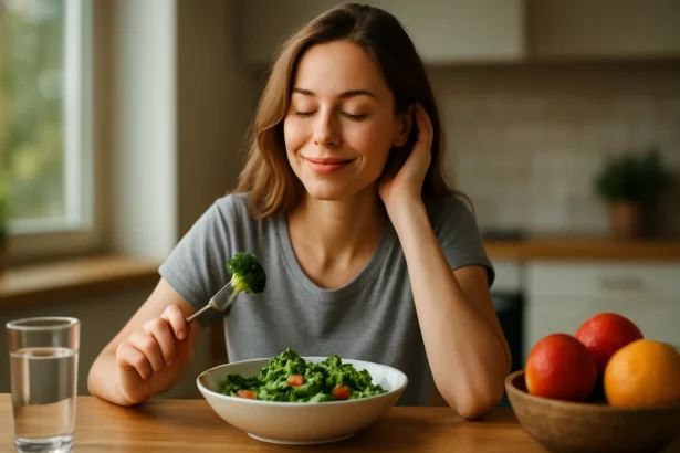 Žena si vychutnáva zdravý tanier s brokolicou a zeleninou.