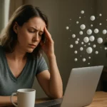 Žena s bolesťou hlavy pri počítači, symbolizujúca anióny v ovzduší.