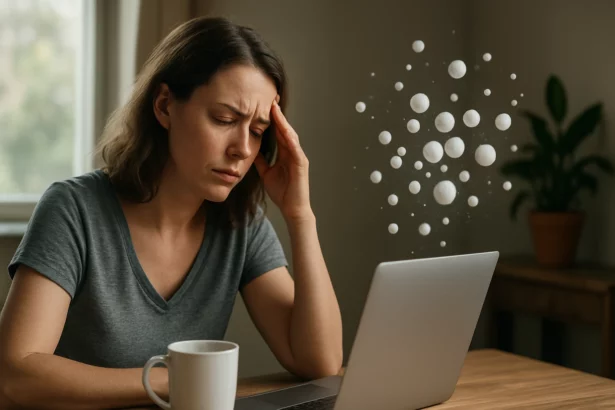 Žena s bolesťou hlavy pri počítači, symbolizujúca anióny v ovzduší.