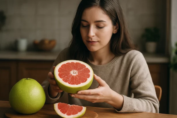 Žena drží pomelo s lákavým ružovým dužinou, zdravé ovocie