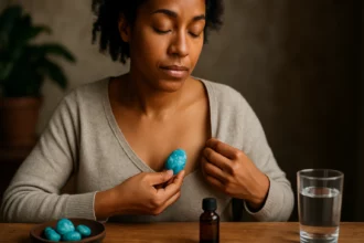 Žena relaxuje s africkým tyrkysom a esenciálnym olejom na uzdravenie.