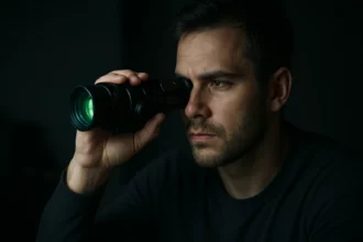 Muž pozoruje cez nočnú kameru s infračerveným osvetlením.