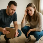 Pár skúma PVC podlahu pred kúpou v novo zrekonštruovanej miestnosti.