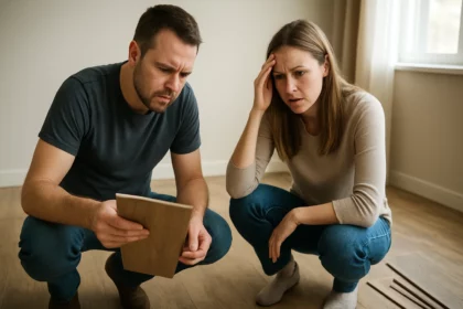 Pár skúma PVC podlahu pred kúpou v novo zrekonštruovanej miestnosti.