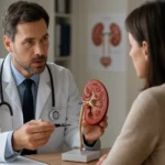Lekár vysvetľuje funkciu Henleho kľučky na modeli obličiek.