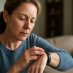 Žena skúša magnetický náramok na zápästí v domácom prostredí.