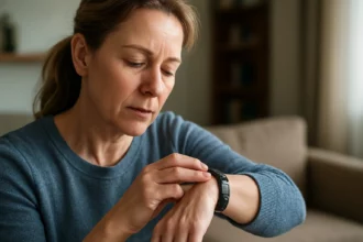 Žena skúša magnetický náramok na zápästí v domácom prostredí.