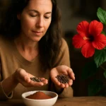 Žena drži zázračné semienka havajskej ruže a prášok z nich.