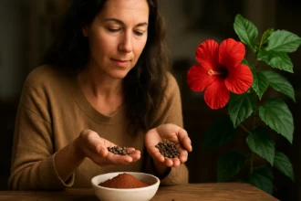 Žena drži zázračné semienka havajskej ruže a prášok z nich.