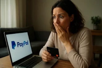 Žena prekvapená pri používaní PayPal na laptopu