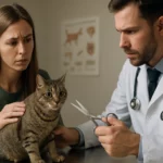 Veterinár s matkou domáceho zvieraťa diskutuje o kastrácii mačky.