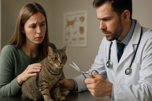 Veterinár s matkou domáceho zvieraťa diskutuje o kastrácii mačky.