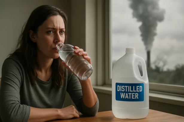 Žena pije destilovanú vodu pri okne s pohľadom na znečistenie.