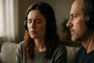 Dvojica ľudí počúva hudbu s uzavretými očami a slúchadlami