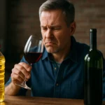 Muž skúma víno ovplyvnené palmovým olejom s nezaujímavým výrazom.