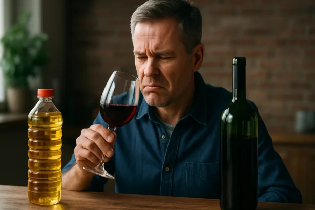 Muž skúma víno ovplyvnené palmovým olejom s nezaujímavým výrazom.