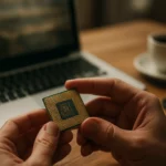 Procesor v ruke pri práci na laptopu