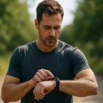 Muž kontroluje svoje inteligentné hodinky s meračom pulzu počas behu v prírode.