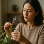 Žena skúma liečivú moc lekárskej veroniky s fialovými kvetmi.