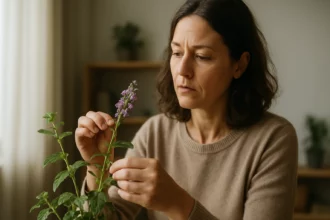 Žena skúma liečivú moc lekárskej veroniky s fialovými kvetmi.