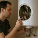 Muž kontroluje elektrický bojler v domácnosti pre teplú vodu