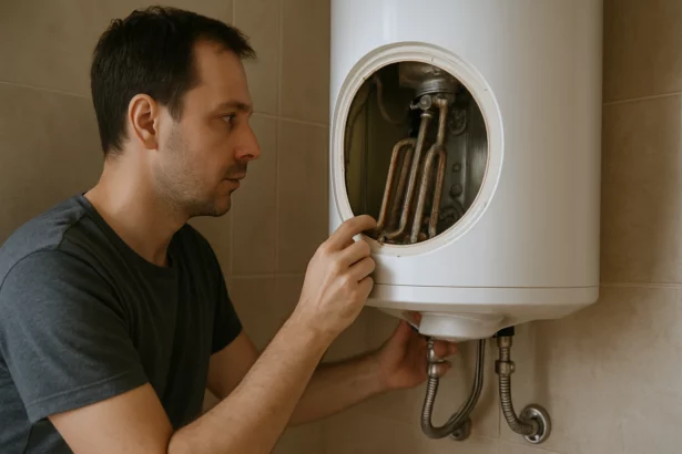 Muž kontroluje elektrický bojler v domácnosti pre teplú vodu