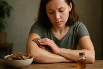 Žena používa vŕbovú kôru ako prírodný liek na bolesť