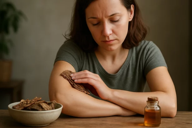 Žena používa vŕbovú kôru ako prírodný liek na bolesť