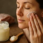 Žena nanáša bravčovú masť na pleť pre jej zázračné účinky.