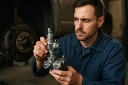 Mechanik kontroluje MBP brzdový ventil v automobilovom servise.