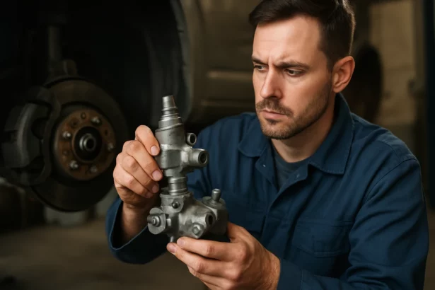 Mechanik kontroluje MBP brzdový ventil v automobilovom servise.