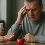 Muž s bolesťou hlavy a liekmi na zníženie cholesterolu.