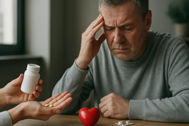 Muž s bolesťou hlavy a liekmi na zníženie cholesterolu.