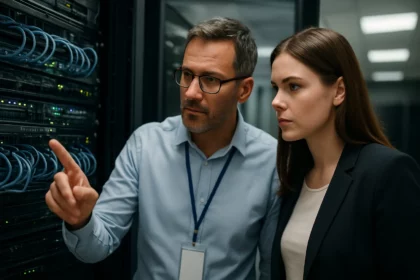 Expert and colleague analyzing CMTS in server room