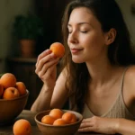 Žena si vychutnáva marhuľu medzi miskami plnými týchto ovocí.