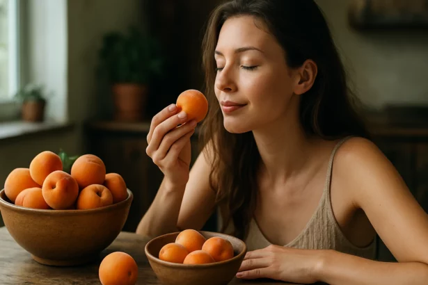 Žena si vychutnáva marhuľu medzi miskami plnými týchto ovocí.