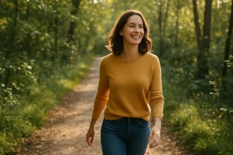 Mladá žena sa usmieva a kráča lesom na slnečnej prechádzke
