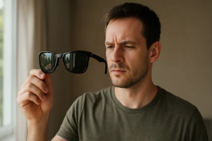 Muž skúma polarizované slnečné okuliare v interiéri.