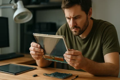 Muž skúma LCD displej s tekutými kryštálmi na stole.